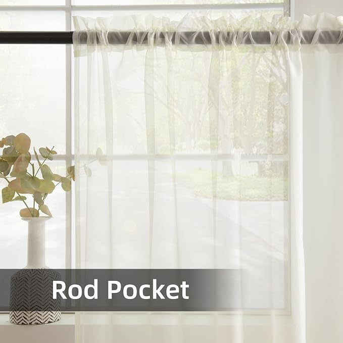 youleyar Solid Sheer Rod Pocket Curtain Voile Draperies 2 Panels White Beige - Image 3