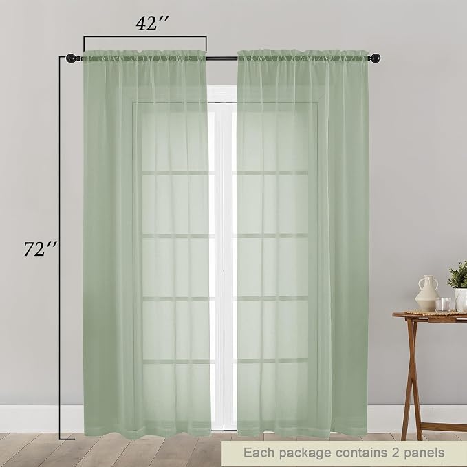 Sage Green Sheer Curtain for Bedroom Living Room 72 Inches Long 2 Panels Set - Image 2