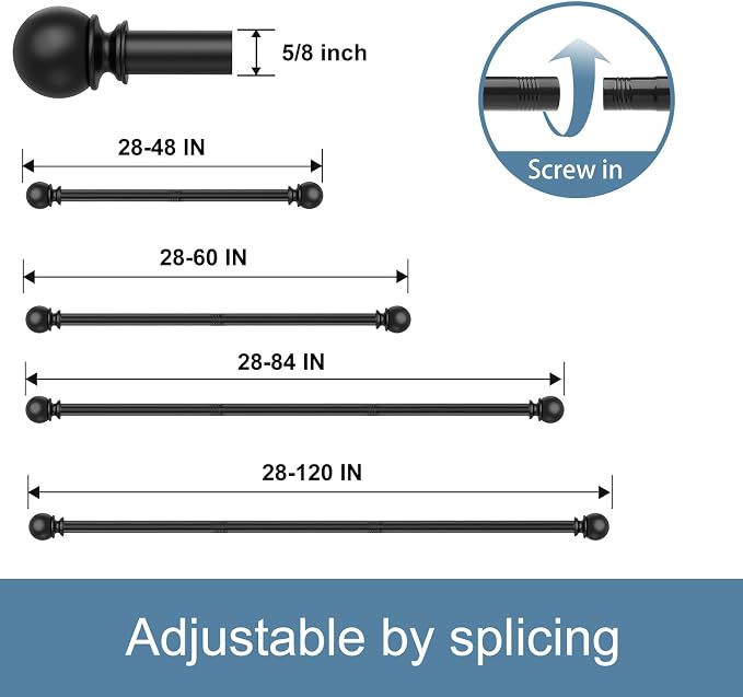 Black Curtain Rods for Windows 48 to 84 or 88 Inches Max, 2 Pack 5/8 Inch - Image 5