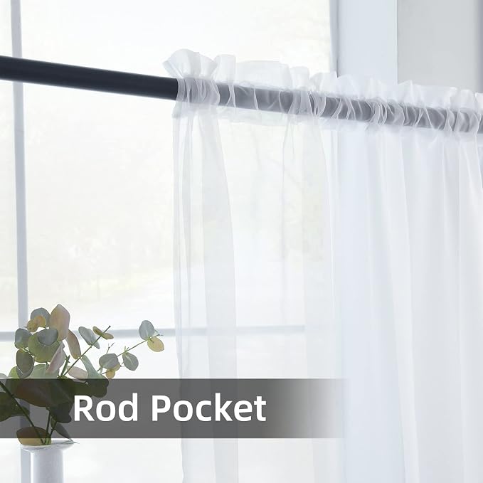 youleyar Solid Sheer Rod Pocket Curtain Voile Draperies 2 Panels White Beige - Image 3