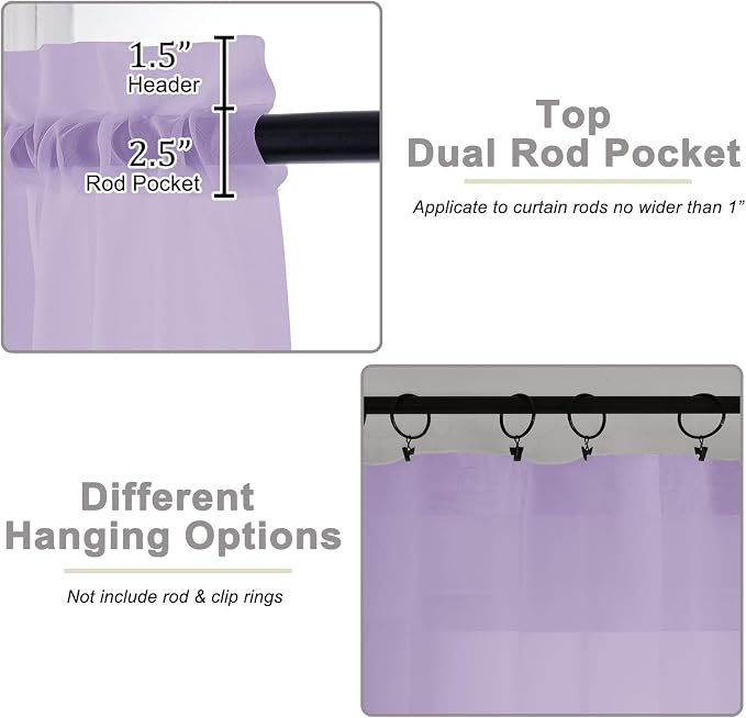 Lavender Sheer Curtain for Bedroom Living Room 72 Inches Long 2 Panels Set - Image 4