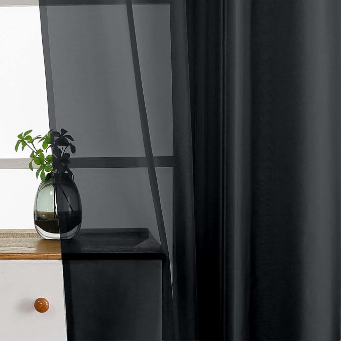 Black Small Sheer Curtains 2 Panels Set, Kitchen Curtains 36 Inch Length - Image 4