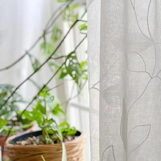 HOMEIDEAS White Sheer Curtains 52 X 96 Inches Long 2 Panels Embroidered Leaf - Image 8