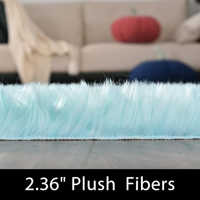 Latepis Big Rugs for Bedroom Teal 6.7x10 Area Rug Light Blue Faux Sheepskin Fur - Image 3