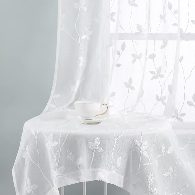 HOMEIDEAS White Sheer Curtains 52 X 63 Inches Length 2 Panels Embroidered Vine - Image 7
