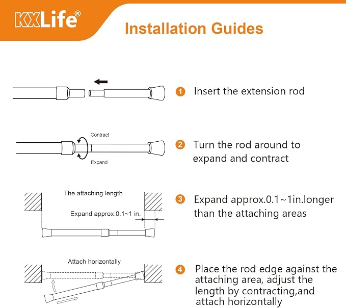 KXLife 4 Pcs Tension Curtain Rod 35 to 46 Inches, 5/8" Diameter Spring Curtain - Image 6