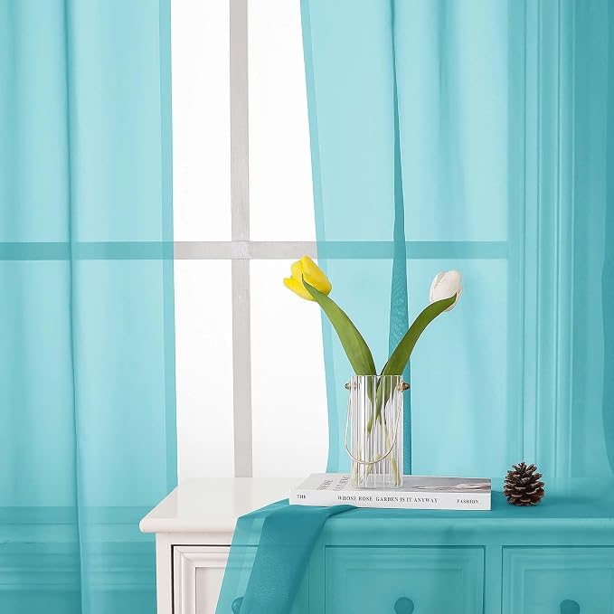 Lecloud Aqua Sheer Curtains for Living Room 96 Inches Long 2 Pcs, Dual Rod - Image 7