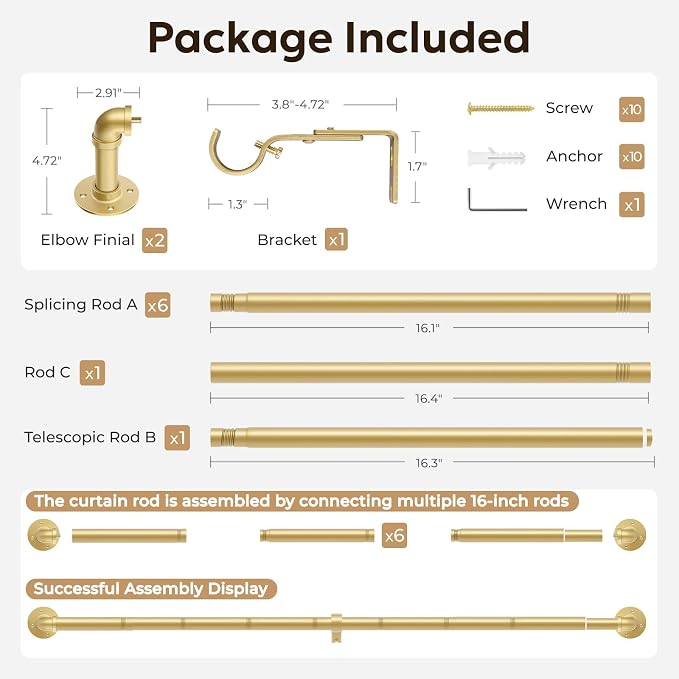 Zeerobee Curtain Rods for Windows 66 to 120, 1 Inch Industrial Wrap Around Gold - Image 7