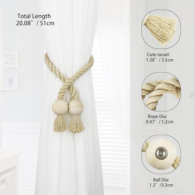 4 Pack Magnetic Curtain Tiebacks Cotton Hand Woven Tie Back Decorative Rope - Image 2