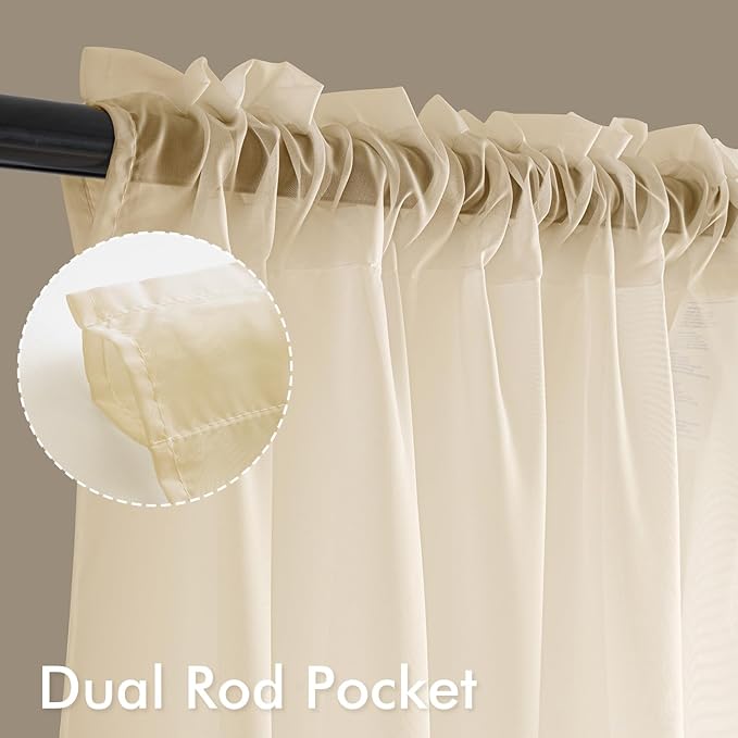 MIULEE Butter Cream Sheer Curtains 102 Inches Long, 4 Panels Set, Light - Image 3