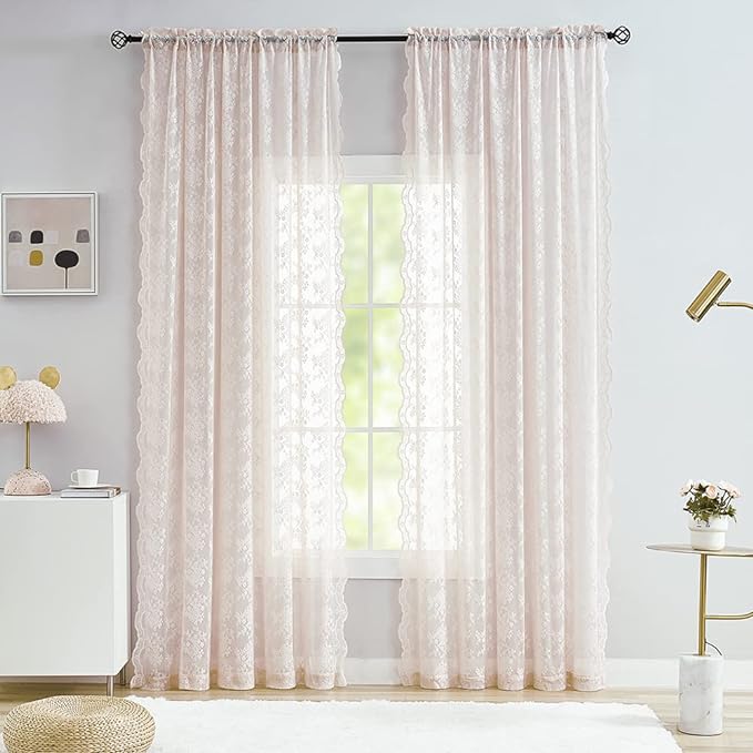 YJ YANJUN Vintage Lace Curtains 84 Inches Long-Victorian Floral Dusty Pink - Image 3