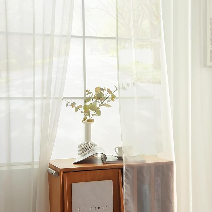 youleyar Solid Sheer Rod Pocket Curtain Voile Draperies 2 Panels Ivory Beige - Image 4