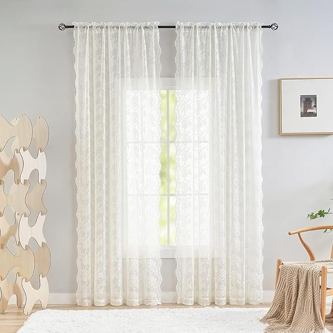 YJ YANJUN Vintage Lace Curtains 120 Inches Long-Antique Floral Ivory Privacy - Image 2