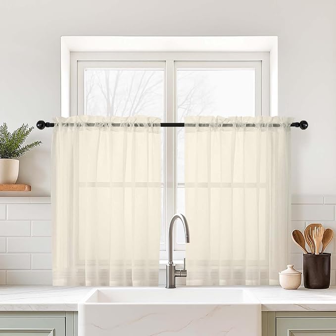 Cream Small Sheer Curtains 2 Panels Set, Kitchen Curtains 36 Inch Length by Home