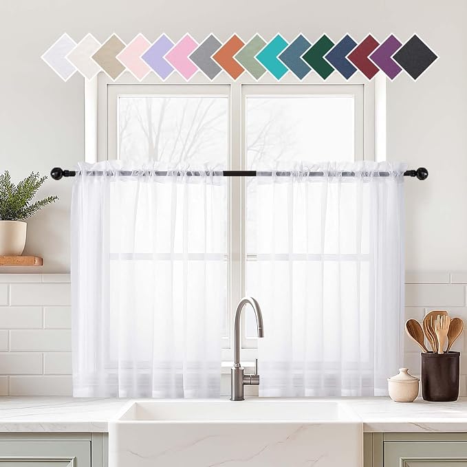 White Small Sheer Curtains 2 Panels Set, Kitchen Curtains 24 Inch Length by Home