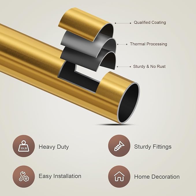 Lootkell Gold Curtain Rods for Windows 72 to 144 Adjustable Modern Curtain Rod - Image 7