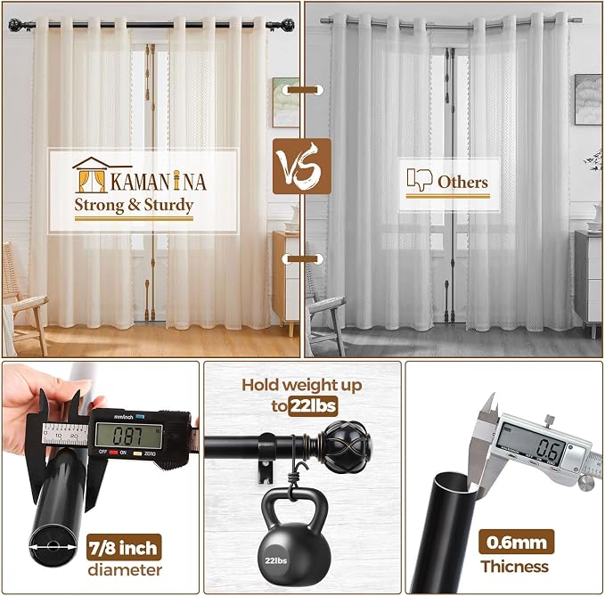 KAMANINA 1 Inch Extra Long Curtain Rod 140 to 195 Inches Black Heavy Duty - Image 6