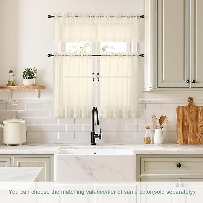 Cream Small Sheer Curtains 2 Panels Set, Kitchen Curtains 36 Inch Length - Image 2