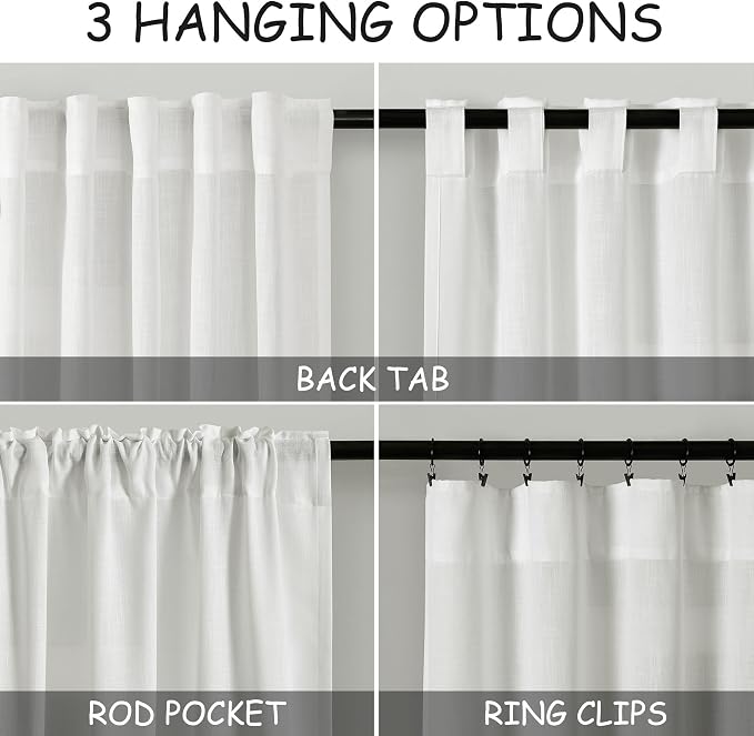 Off White Curtains 95 Inches Long 2 Panels Back Tab Sheer Linen Curtain Modern - Image 3
