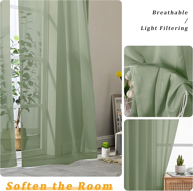 Gwine Sage Green Sheer Curtains 84 Inches Long 2 Panels Set, Light Filtering - Image 4