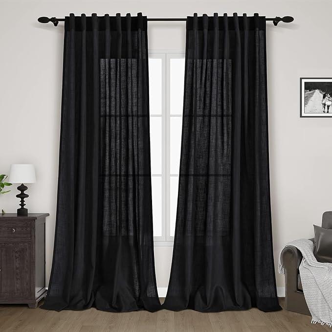 Black Linen Curtains 92 inches Long 2 Panels by Nanspring