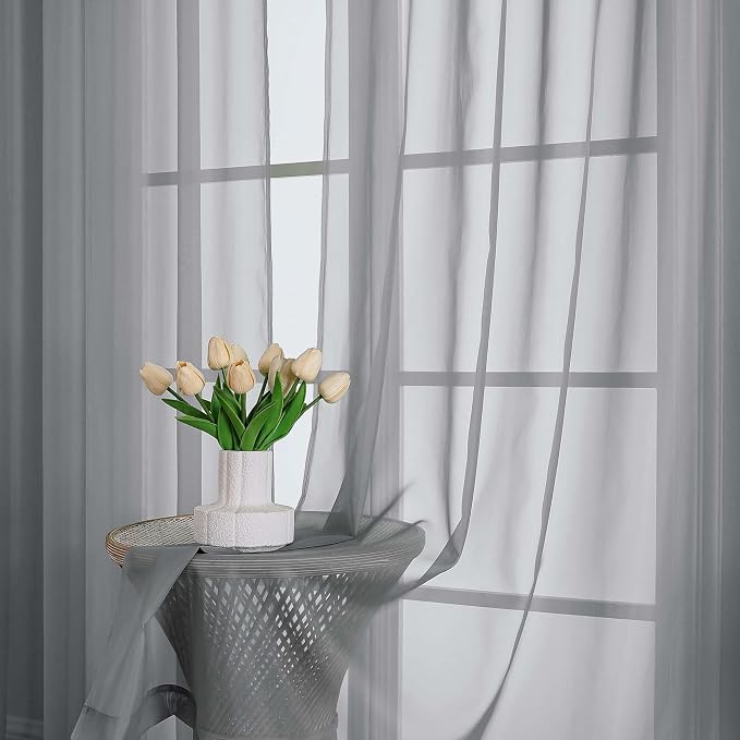 OWENIE Grey Sheer Curtain 90 Inches Long 2 Panels Set, Solid Filmy Drapes - Image 6