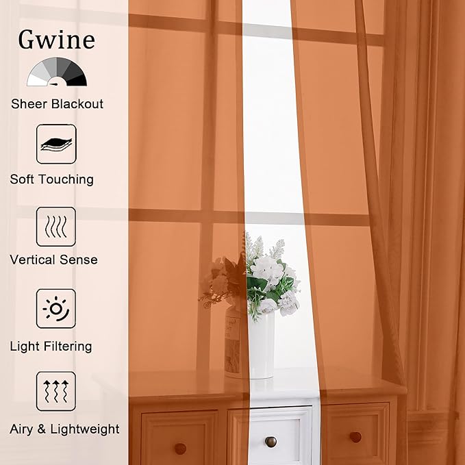 Gwine Burnt Orange Sheer Curtains 30 Inch Length, Short Light Filtering Voile - Image 3