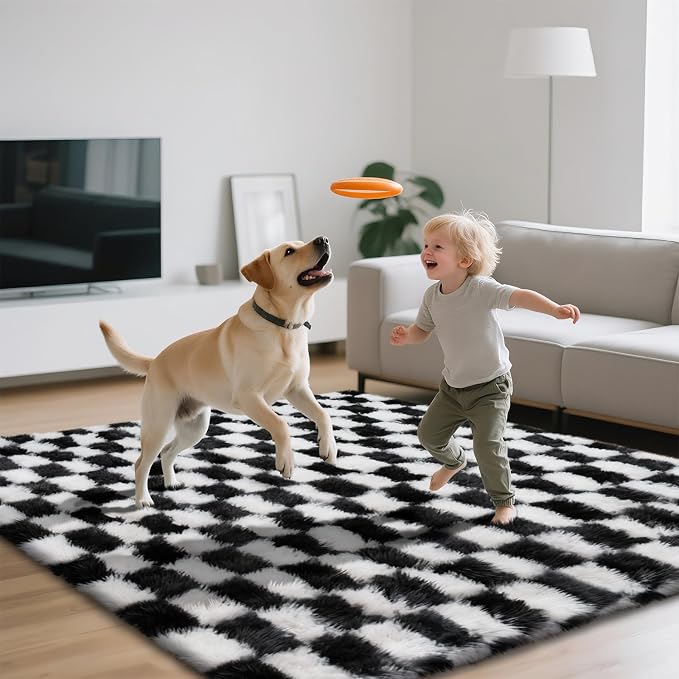 Checkered Area Rugs for Bedroom Living Room, 4x6 Black and White Fluffy Soft - Image 3