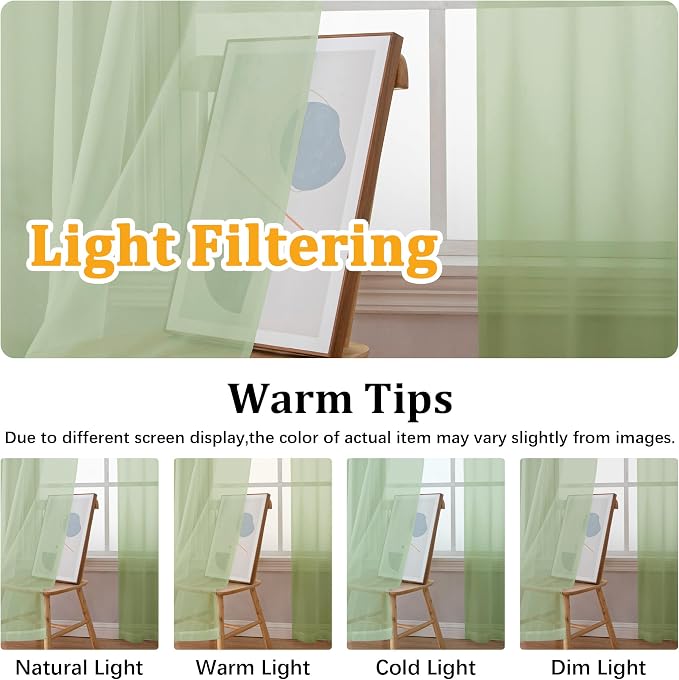Gwine Light Green Sheer Curtains 90 Inches Long 2 Panels Set, Light Filtering - Image 5