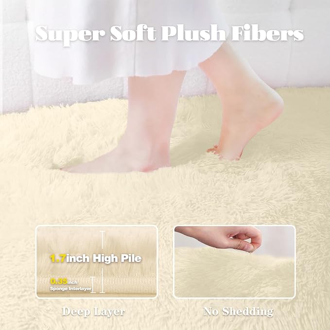 Circle Rug for Bedroom: 4FT Cream White Round Fluffy Shag Soft Washable Rugs - Image 2