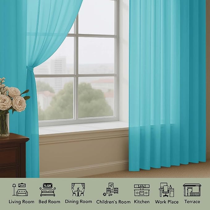 OWENIE Extra Long Turquoise Sheer Curtains 96 Inches Long 2 Panels Set - Image 3