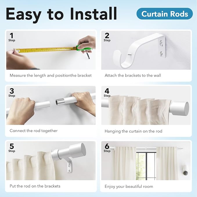 IFELS Heavy Duty Curtain Rods for Windows 48 to 84 Inch, 1 Inch White Curtain - Image 7