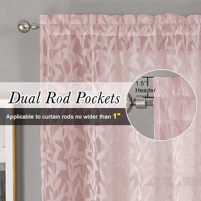 Lecloud Leia Blush Pink Sheer Curtains 84 Inches Long 2 Panels, Airy Leaf - Image 4