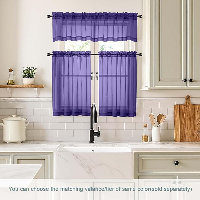 Purple Sheer Curtains Tier 30 Inches Length 2 Panels Set, Light Filtering - Image 2