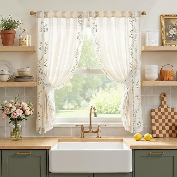 jinchan Belrose Linen Floral Cafe Curtains 54 Inch Length Embroidered Farmhouse by JINCHAN