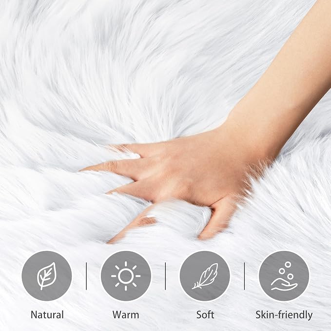 Ciicool White Faux Fur Rug 8 x 10 Feet, Large Fluffy Carpet, Faux Fur Sheepskin - Image 3