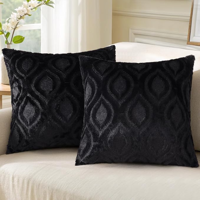 decorUhome Throw Pillow Covers 20x20 Inch Set of 2, Soft Plush Faux Wool Black by decorUhome