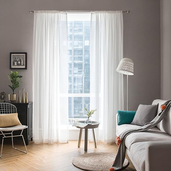 MIULEE White Sheer Curtains 96 inches Long Window Curtains 2 Panels Solid Color by MIULEE