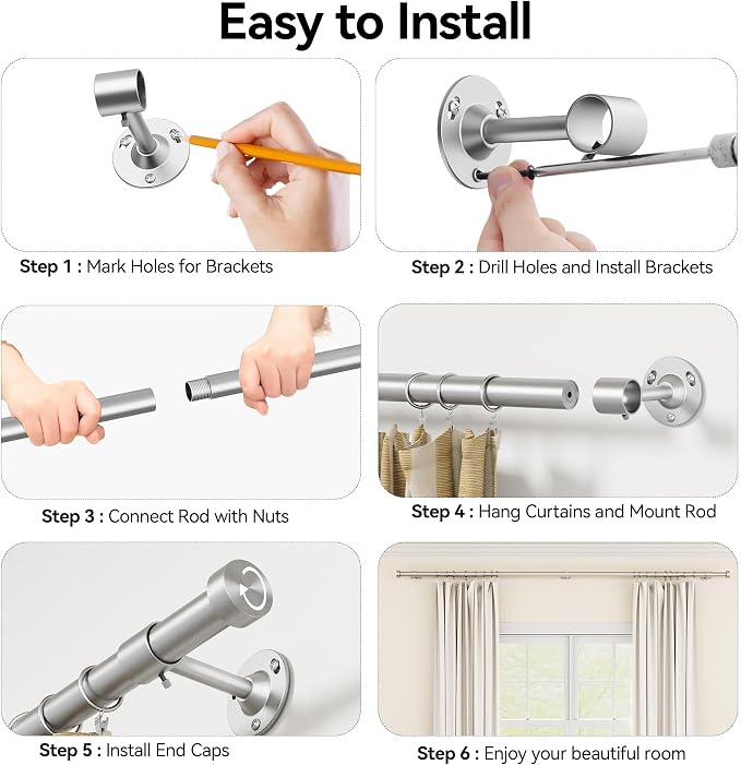 YaFex Heavy Duty Curtain Rods 32-150 Inch, 1 Inch Adjustable Silver Curtain Rod - Image 8