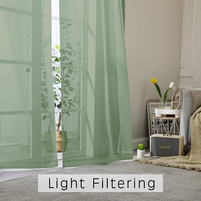 OWENIE Sage Green Sheer Curtains 72 Inches Long 2 Panels Set, Transparent Voile - Image 2