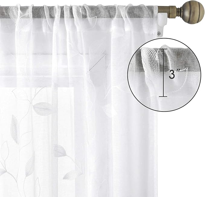 HOMEIDEAS White Sheer Curtains 52 X 63 Inches Length 2 Panels Embroidered Leaf - Image 7