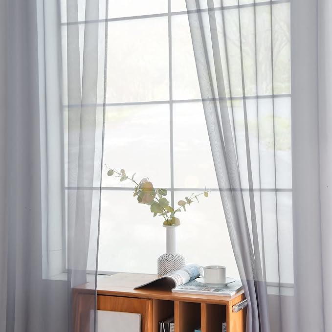 youleyar Solid Sheer Rod Pocket Curtain Voile Draperies 2 Panels White Beige - Image 4