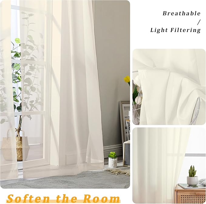 Gwine Cream Sheer Curtains 30 Inch Length, Short Light Filtering Voile Small - Image 3