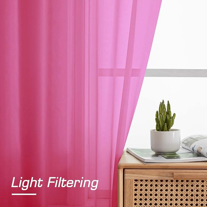 OWENIE Short Hot Pink Sheer Curtains 30 Inch Length 2 Panels Set, Kitchen - Image 4
