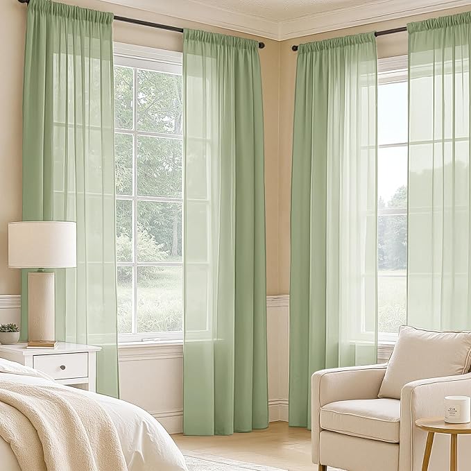 MIULEE Sage Green Sheer Curtains 108 Inches Long, 4 Panels Set, Light Filtering - Image 2