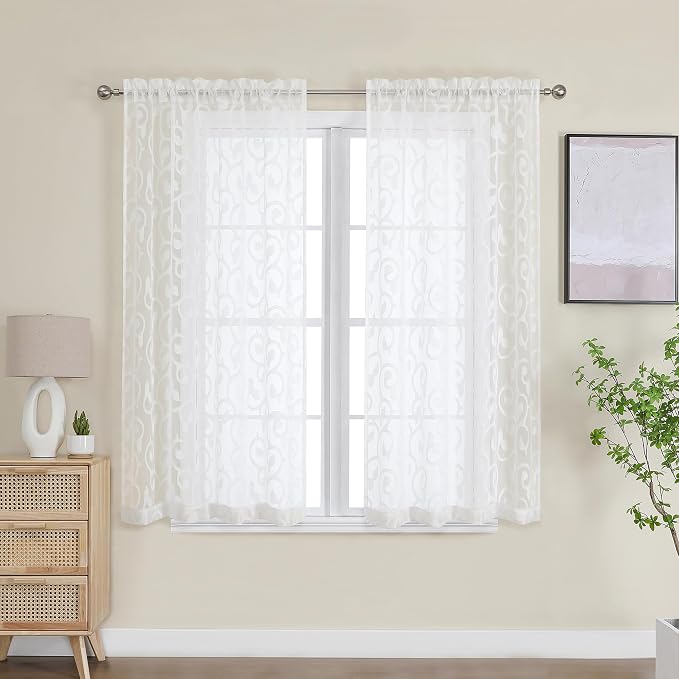 OWENIE Furman Ivory Sheer Curtains 54 Inch Length 2 Panels Set - Image 2