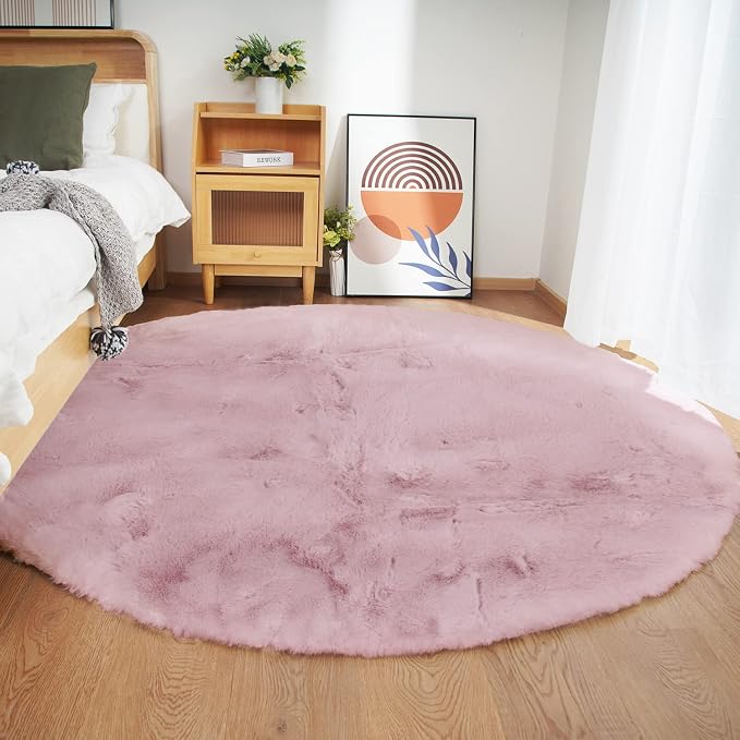 Ghouse Faux Rabbit Fur Round Rug 5ft Pink Round Rugs by Ghouse