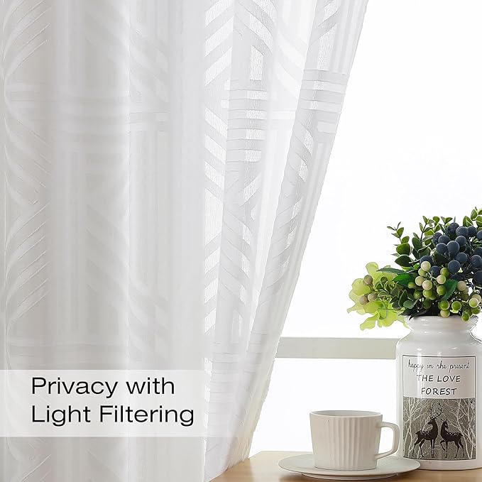 Simplebrand Semi Sheer White Curtains 36 Inch Length 2 Panels, Geometric - Image 3