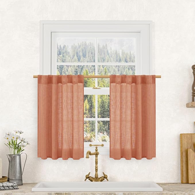 LAMIT Semi Sheer Linen Curtains 36 Inch Length 2 Panels, Light Filtering Panels by LAMIT