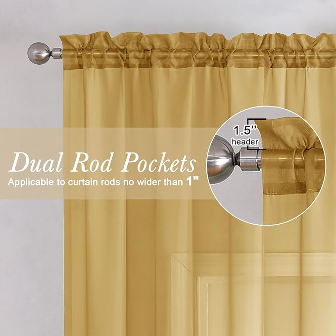 Lecloud Gold Sheer Curtains 54 Inch Length 2 Panels, Light Filtering Voile - Image 2